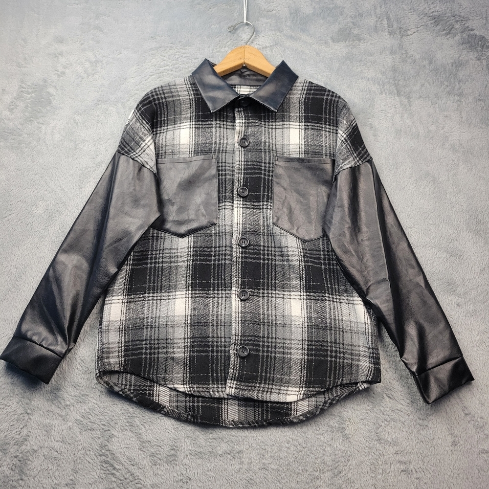 Say What NYC Flannel Shirt Shacket Faux Leather Size Medium Grunge